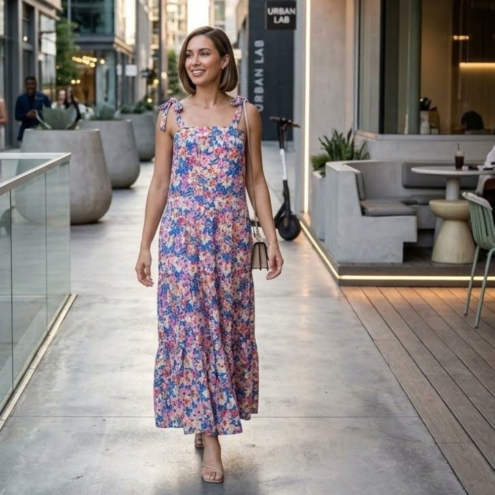 French Paris Floral Tie Shoulder Tiered Maxi Dress Blue Pink Orange Small Italy